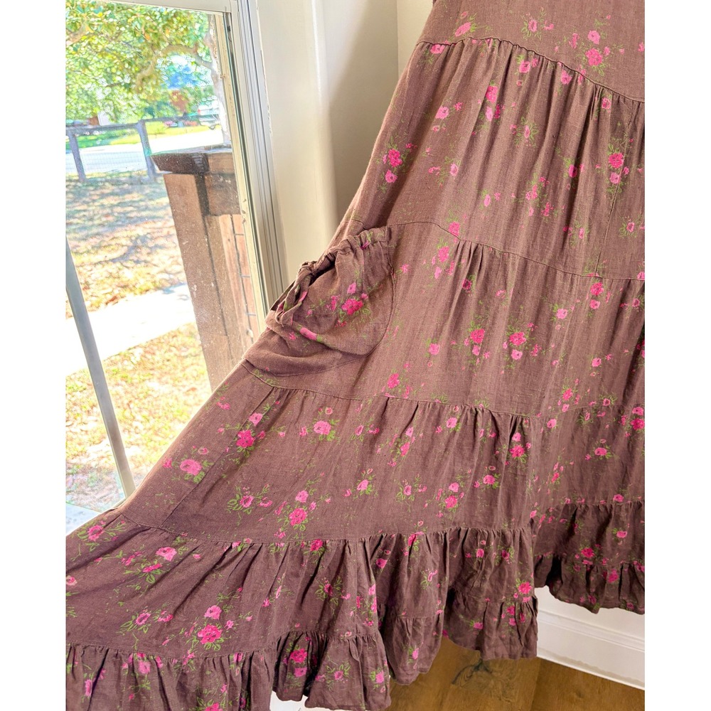 Heart's Desire Linen Floral Tiered Dress XXL Brown Cottagecore Lagenlook Boho - Picture 4 of 9